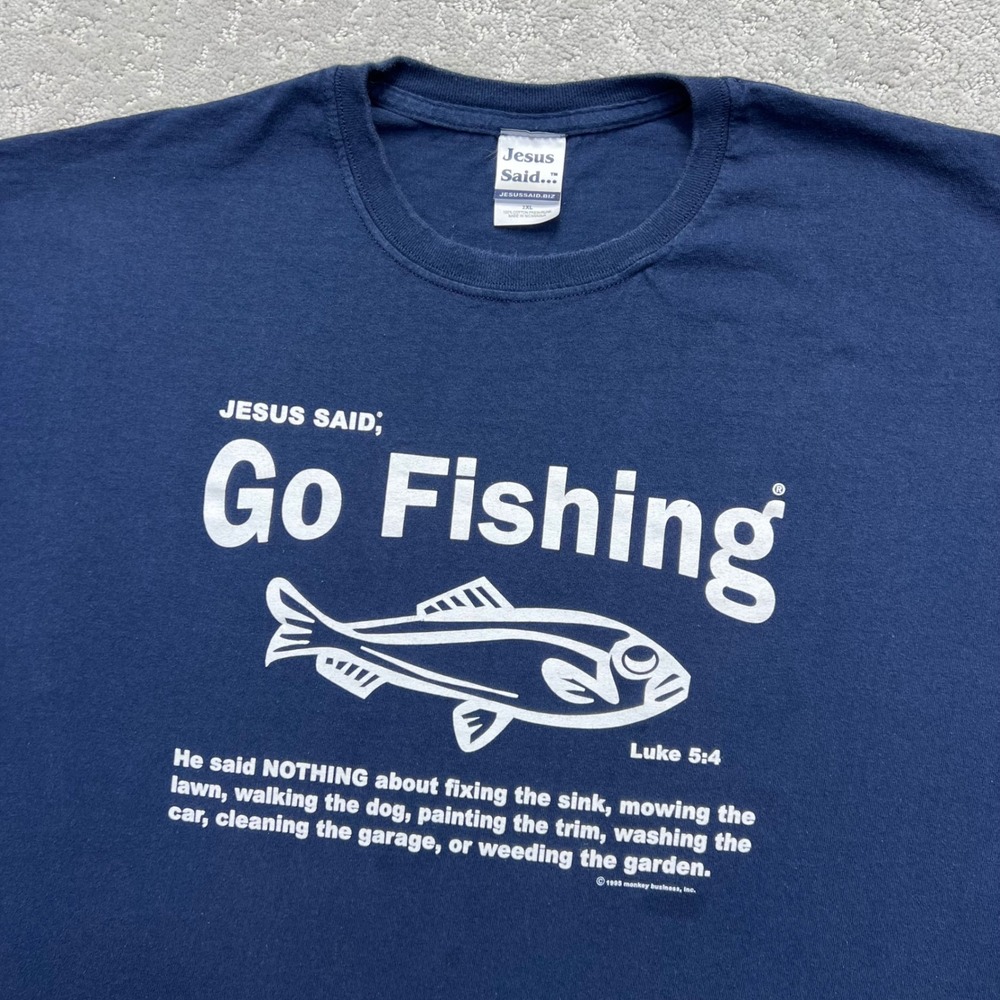 VINTAGE 1995 Jesus Said Go Fishing T-Shirt Mens 2XL Navy Blue Christian Humor